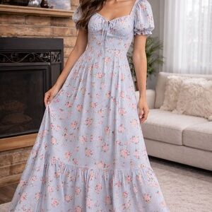 🌸 Linjia Shop Blue Floral Cottagecore Maxi Dress – Size S 🌸